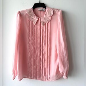 VTG Sellecca Blouse Light Pink Pearl Collar Chiffon Women 14 Cottagecore Peasant